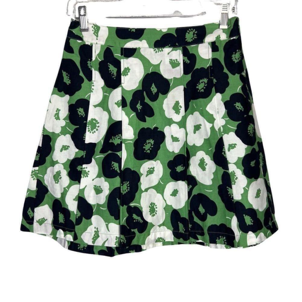 Ann Taylor Pleated Floral Kelly Green Black White 100% Cotton A-Line Short Skirt